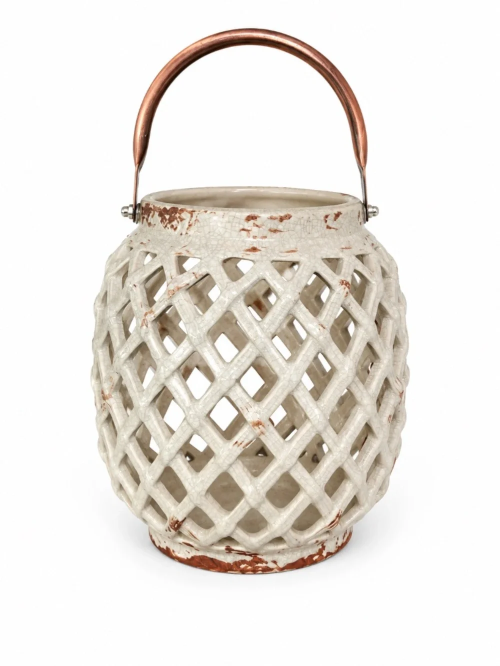 Rustic White Lattice Ceramic Lantern - Home Accents